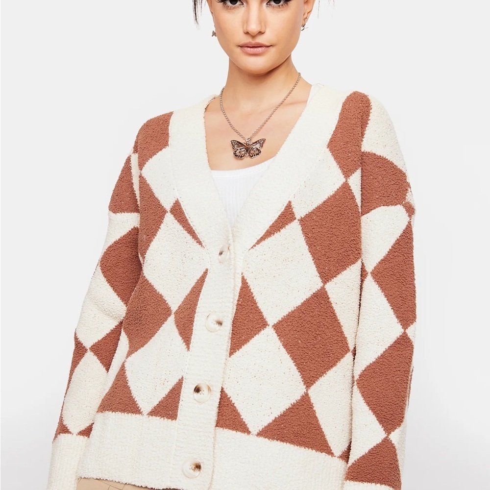 Le Lis Brown and Cream Argyle Cardigan - Picture 7 of 12